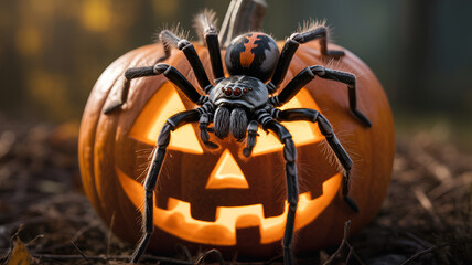 A spider sits atop a glowing jack o lantern in a spooky and festive halloween night scene outdoors .