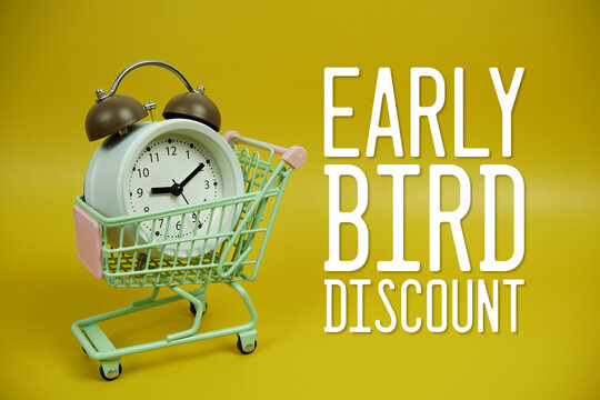 Early Bird Discount text with trolley shopping cart and alarm clock on yellow background