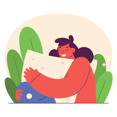 Obraz premium Happy young woman hugging a pillow in bed, showing comfort and relaxation.