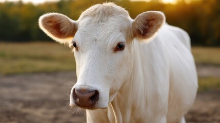 Calm white cow with soft sunlight, ideal for themes of animal welfare and ethical farming. 