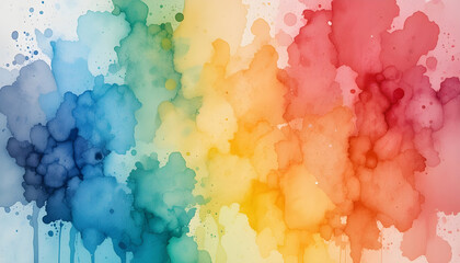 Abstract watercolor splashes in bright rainbow tones on a textured paper background, artistic illustration style.
