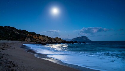 Serene night beach scene under a luminous full moon, featuring gentle waves lapping the shore, with a distant island silhouetted