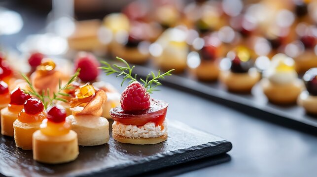 Closeup of savory petits fours miniature gourmet dishes