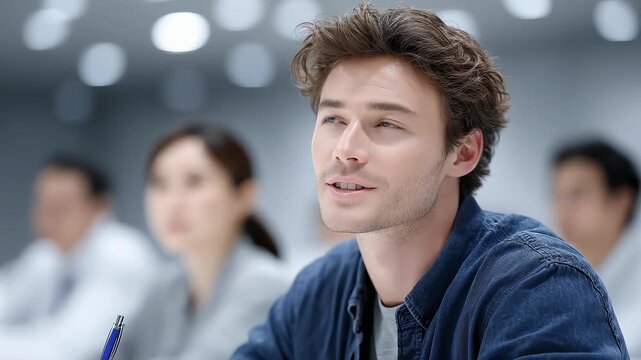 Focused man attending training course in meeting room