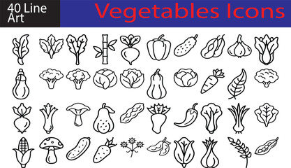 Collection of 40 hand drawn line art vegetable icons for healthy food and cooking