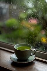 Obraz premium A steaming cup of green tea placed on a windowsill. The rain outside blurs the view of the garden