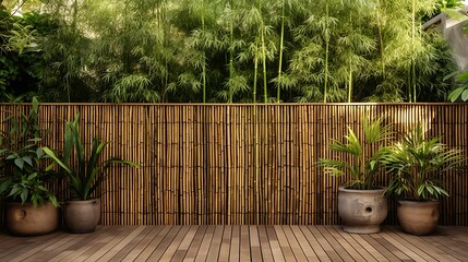 Tranquil bamboo garden retreat with tropical plants and textured wooden deck setting