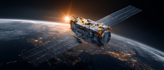 Orbiting satellites: bridging the cosmic gap with data transmission. Dreamlike imagery. Energy and data: the dual role of orbital satellites. Daring imagery. Grotesque style.