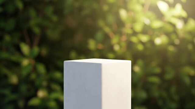 A modern white podium providing a blank stage for product display, set against a serene, sunlit natural green background