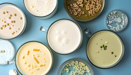Fototapeta premium Overhead view showcasing various dairy products and petri dishes with microbial cultures, on a bright blue surface
