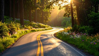 Fototapeta premium Winding asphalt road cuts through a sun-drenched forest, bathed in golden light. Wildflowers bloom along the edges