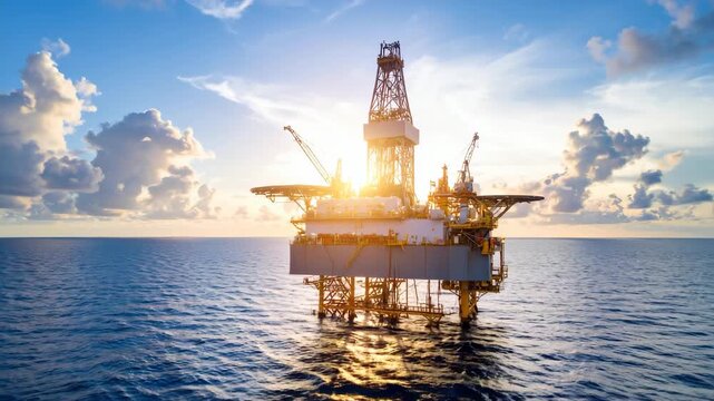 Offshore oil platform in the ocean during sunrise, providing vital energy resources for industry