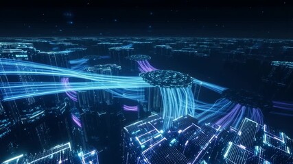 Abstract digital city with data streams connecting futuristic network structures - Powered by Adobe