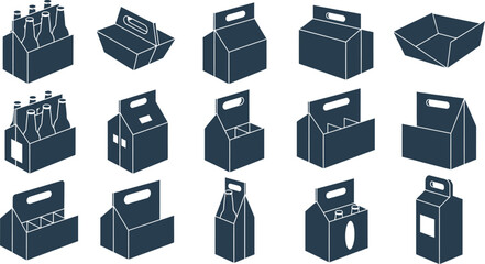 Variety of cardboard beverage carriers and packaging designs in silhouette