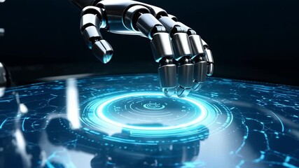 Robotic Hand Interacting with a Glowing Digital Holographic World Interface - Powered by Adobe