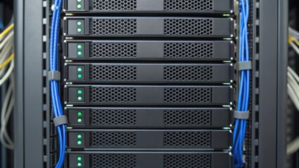 Server rack with multiple data storage units and connected cables, showcasing a modern data center setup.