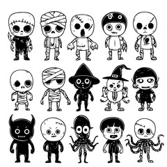 cute halloween cartoon characters vampire mummy werewolf zombie skull frankenstein alien octopus witch spider, arranged.