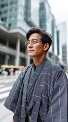 Fototapeta premium Japanese man in traditional attire standing in front of contemporary city buildings. 
