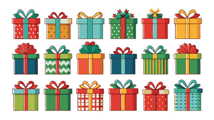 Christmas gift box set, New Year presents, gift boxes, vector illustration on transparent background