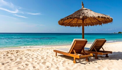 Tropical beach scene with two sun loungers and a thatched umbrella