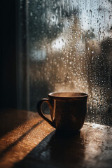 A steaming mug of tea on a desk near the window. Raindrops create patterns of light and shadow
