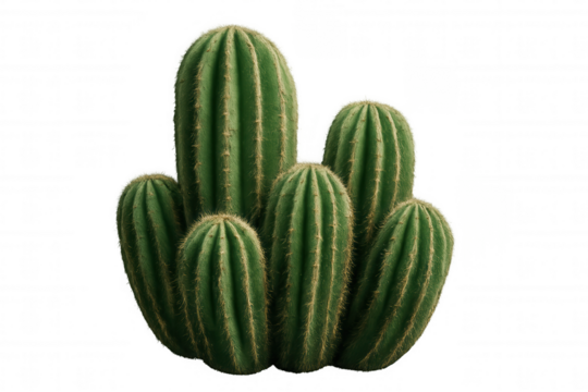 Green cacti cluster displaying intricate textures and distinctive shapes, standing against transparent background