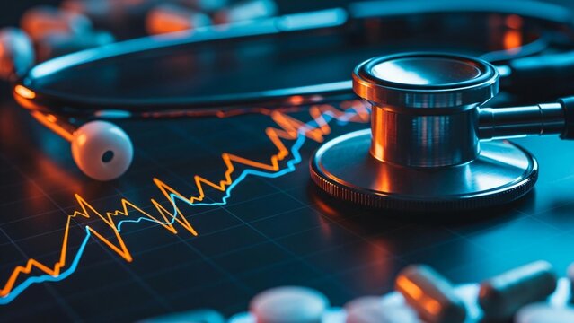 Stethoscope charts health data, medical analysis, pharma trends