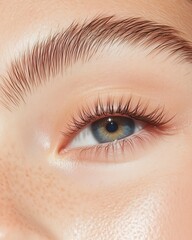 Obraz premium Stunning close-up of a woman's piercing blue eye with perfectly groomed brows and natural freckles