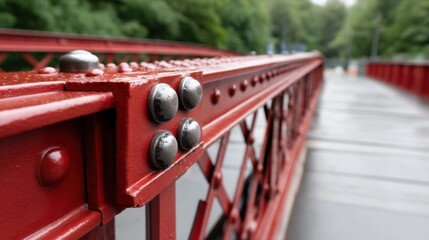 Red metal bridge with intricate rivet details, exemplifying early 20th-century engineering.