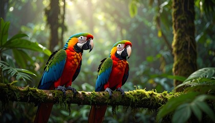 Fototapeta premium Two vibrantly colored parrots perch on a moss-covered branch amidst lush green foliage in a sunlit rainforest scene