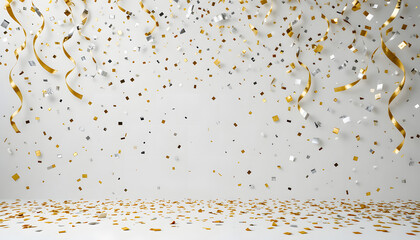 A simple yet elegant celebratory background with falling gold and silver confetti on a clean white surface, perfect for any special occasion.