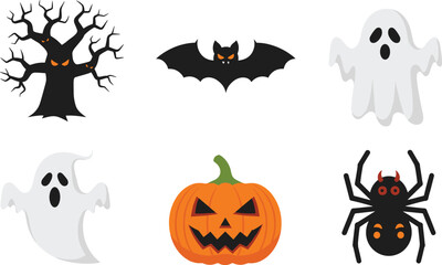 Colorful Halloween vector icons with pumpkin, ghosts, bat, spider, and spooky tree for seasonal decor, party invites, and design.
