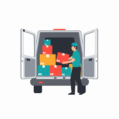 Fototapeta premium A delivery person loads colorful boxes into the open back of a cargo van.