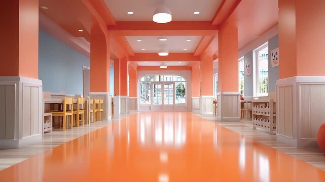 Bright Kindergarten Corridor Showcasing Warm and Safe Teaching Environment
