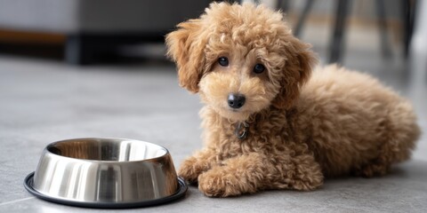 Toy Poodle puppy with a bowl of dry dog food in a stylish home setting. 