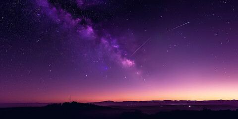 Fototapeta premium Vibrant purple galaxy stretching across a starry night sky over silhouetted hills.