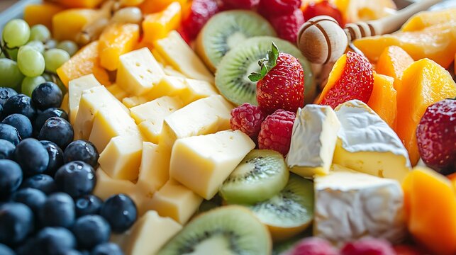 Closeup of variety of fruits in a plate with cheese slices milk honey - Powered by Adobe