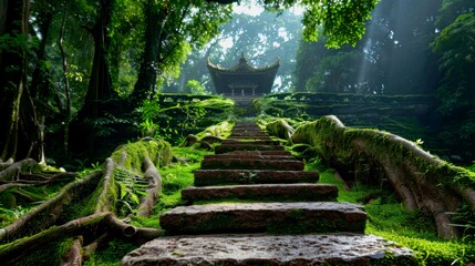 a narrow, ancient stone pathway leading through a dense, humid tropical rainforest