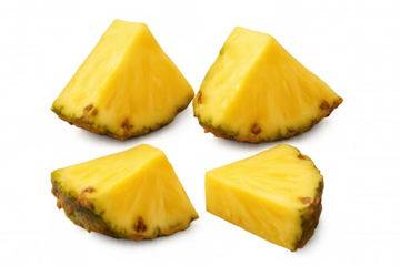 Ripe pineapple slices revealing vibrant yellow flesh and textured green rind against transparent backdrop