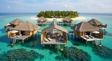 Luxury tropical resort with overwater bungalows and infinity pool, turquoise ocean lagoon with palm tree island, exotic travel background