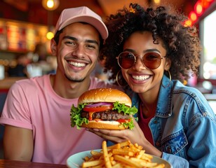 A cheerful couple enjoys a delicious burger and fries at a cozy restaurant, showcasing happiness and good food.