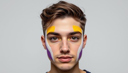 Young man with nonbinary pride face stripes on cheeks, promoting gender inclusion.