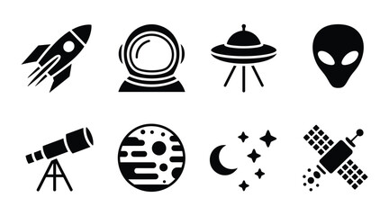 Set of black space themed icons including rocket astronaut alien U F O planet satellite moon and stars
