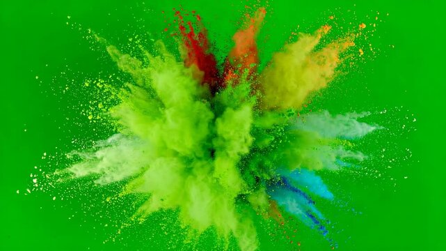 Vibrant colorful powder explosion against green background, burst of pigment particles creating swirling clouds and dynamic visual effect for creativity concept