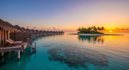 Fototapeta premium Luxury tropical resort with overwater bungalows and infinity pool, turquoise ocean lagoon with palm tree island, exotic travel background