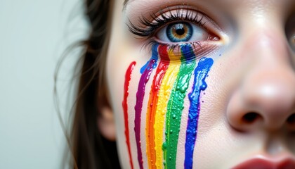Eye with rainbow makeup and dripping paint emotional paint drips symbolizing pride, struggle, and resilience.