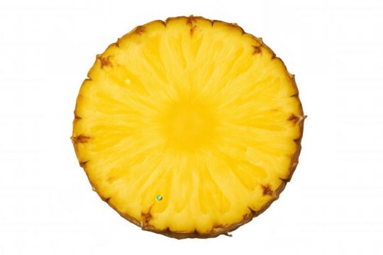 Ripe pineapple slice displaying golden texture, intricate inner patterns, transparent backdrop highlighting fresh tropical fruit details