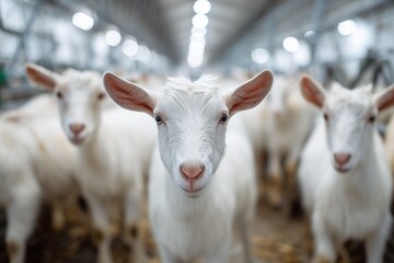 Obraz premium Curious white goats stand in a well-lit indoor farm, showcasing modern livestock agriculture and animal husbandry practices.