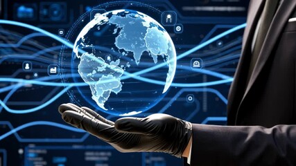 Hand in glove holding a glowing digital Earth globe with network connections and futuristic interface background - Powered by Adobe