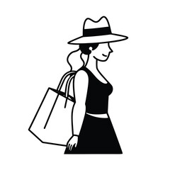 stylish woman silhouette wearing hat and carrying
